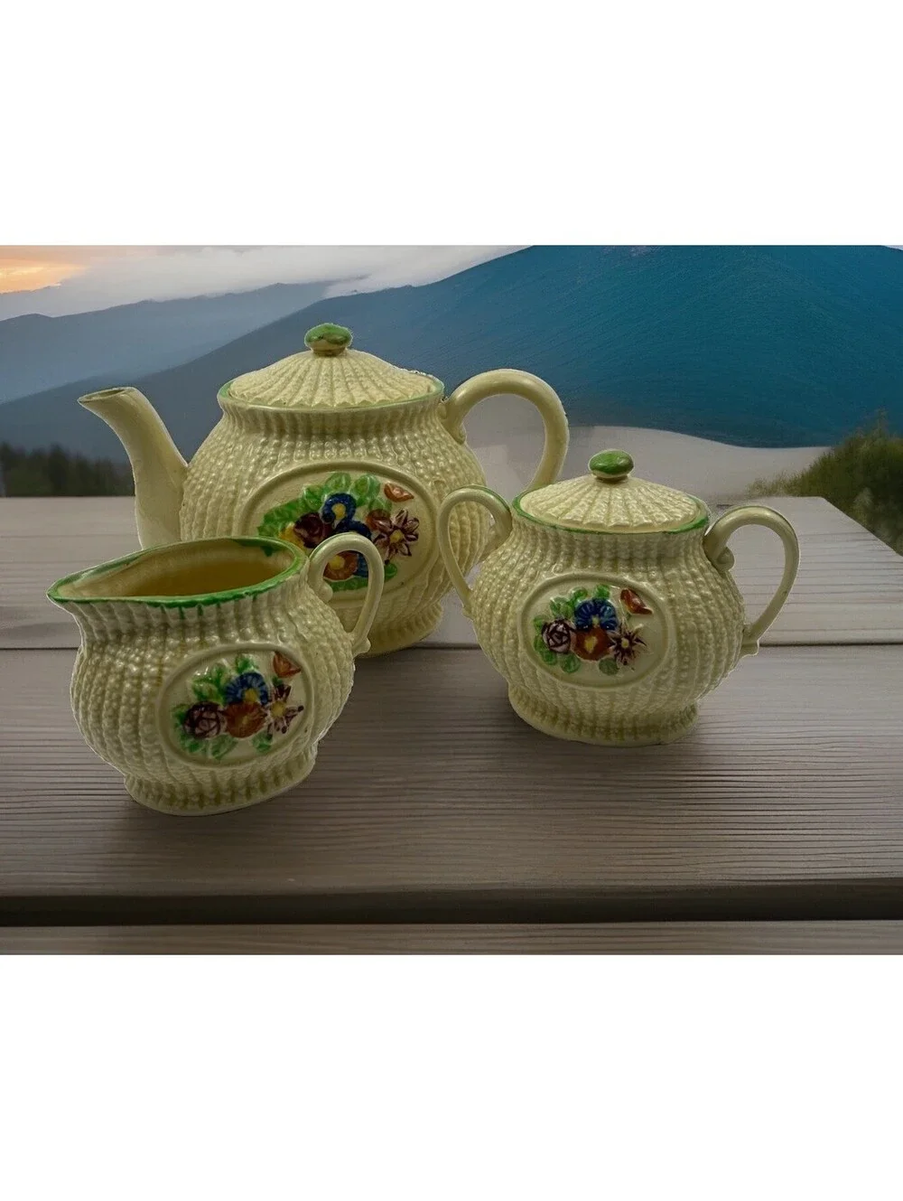 Vintage Made in Japan Hobnail Basketweave Tea Set Teapot Creamer Sugar 3pc ST#41